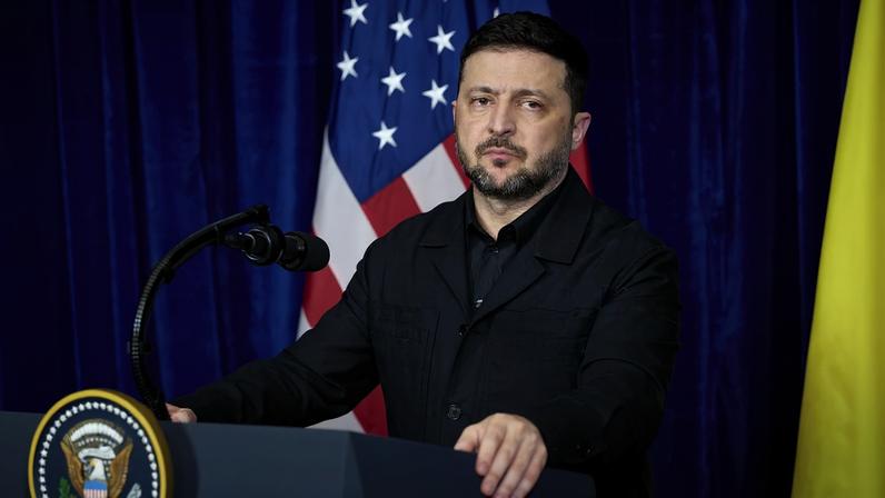Ukrainian President Volodymyr Zelensky attending a joint press conference with US President Donald Trump in Palm Beach, Florida, USA, 28 December 2025.