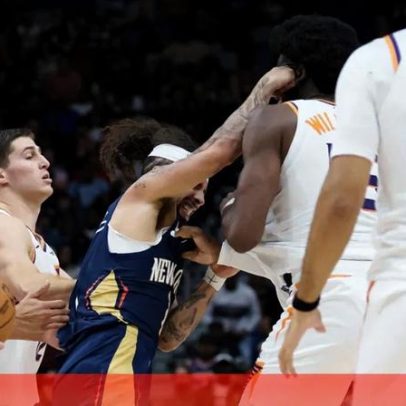 Conflito entre José Alvarado e Mark Williams durante jogo da NBA