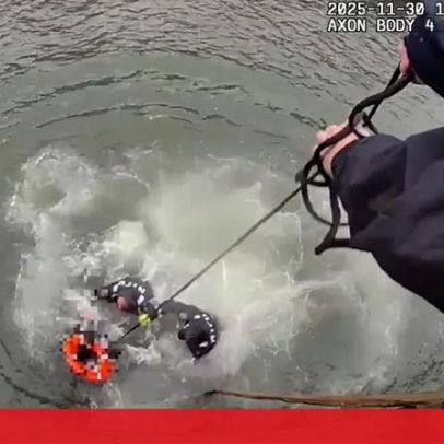 Polícias salvam homem que se afogava ao saltarem para o rio em Nova Iorque