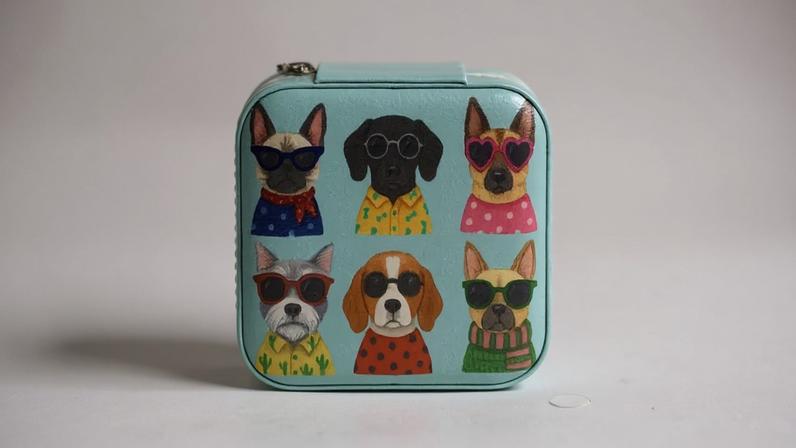 Caixa azul turquesa com ilustrações de cães estilosos