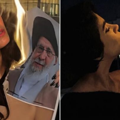 Mulheres acendem cigarros com foto de Khamenei, símbolo da luta no Irã