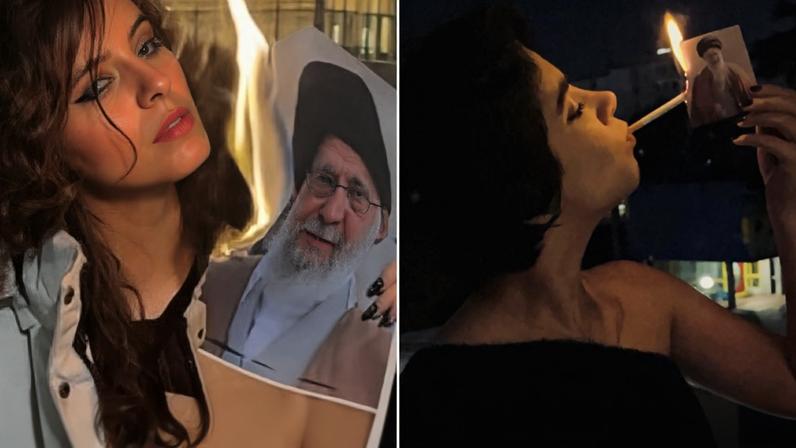 Mulheres acendem cigarros com foto de Khamenei, símbolo da luta no Irã