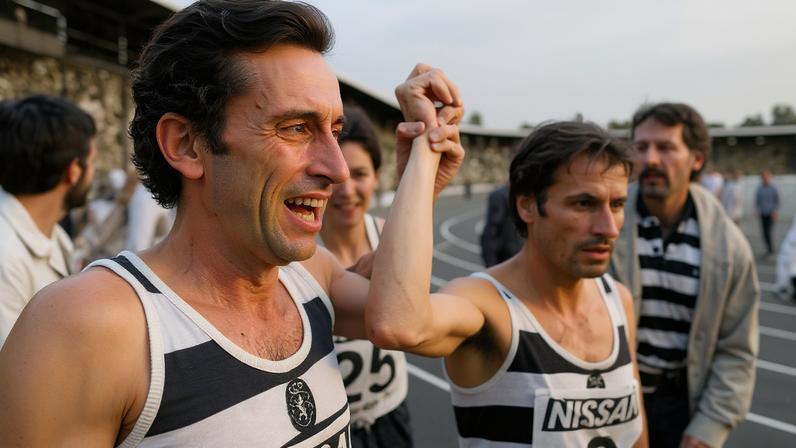 Fernando Mamede, com Carlos Lopes, em Estocolmo, após o primeiro bater o recorde mundial dos 10.000m