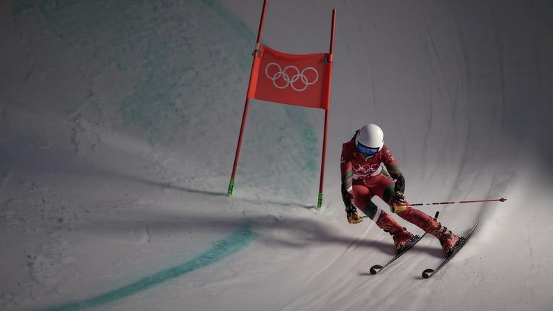 Vanina Guerillot of Portugal clears a gate during the second run of the Women's Giant Slalom race of the Alpine Skiing events of the Beijing 2022 Olympic Games at the Yanqing National Alpine Ski Centre Skiing, Beijing municipality, China, 07 February 2022.