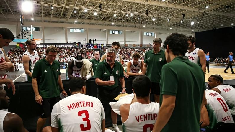 Mário Gomes, treinador da Seleção Nacional de basquetebol masculino em jogo particular de preparação para o Eurobasket2025 onde Portugal participou. Foto FPB
