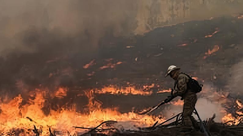 Um bombeiro combate um incêndio na localidade de Cardosos que provocou esta tarde o corte da A1 no concelho de Leiria, 7 de agosto de 2023. PAULO CUNHA/LUSA