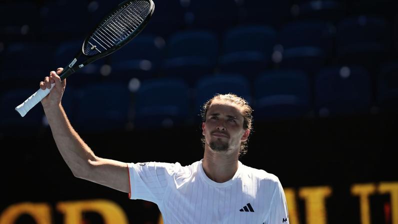 Alexander Zverev of Germany celebrates after winning the Men’s 1st round match against Gabriel Diallo of Canada on day 1 of the 2026 Australian Open tennis tournament at Melbourne Park in Melbourne, Sunday, January 18, 2026.