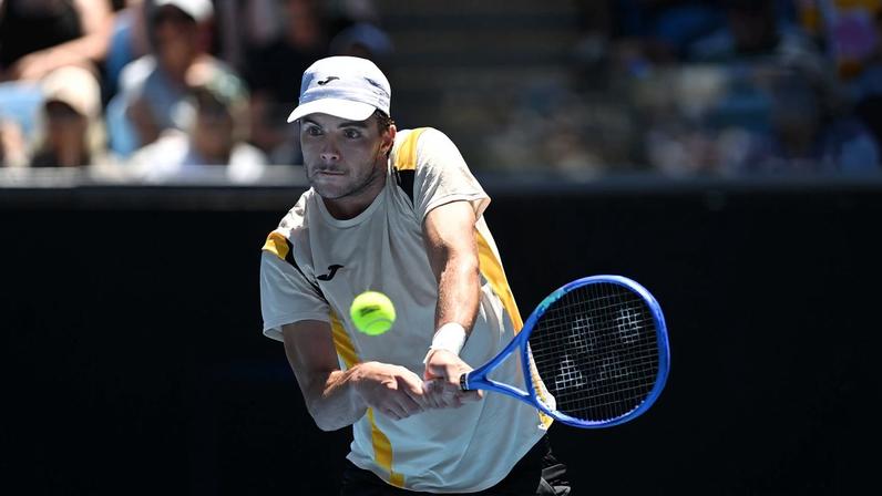 Jaime Faria of Portugal in action during his Men's Singles match against Andrey Rublev of Russia on day 4 of the Australian Open tennis tournament at Margaret Court Arena in Melbourne, Australia, 21 January 2026. EPA/LUKAS COCH AUSTRALIA AND NEW ZEALAND OUT