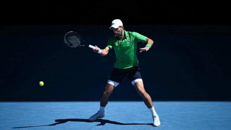 Novak Djokovic of Serbia in action during the men's second round match against Francesco Maestrelli of Italy on day 5 of the 2026 Australian Open tennis tournament at Melbourne Park in Melbourne, Australia, 22 January 2026. EPA/JOEL CARRETT AUSTRALIA AND NEW ZEALAND OUT