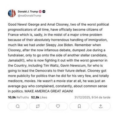 Trump reage à nova nacionalidade de Clooney e critica a imigração francesa