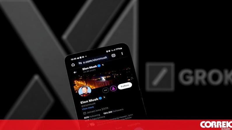 Perfil de Elon Musk na rede social X em frente ao logótipo Grok