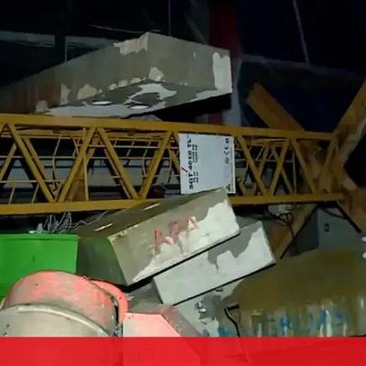 Grua tombada e destroços no Estádio Municipal de Leiria após depressão Kristin
