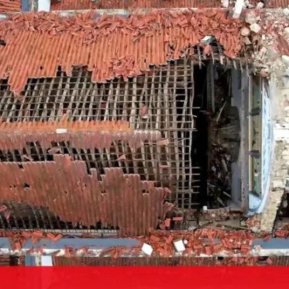 Drone mostra destruição no telhado de igreja em Leiria pela tempestade Kristin