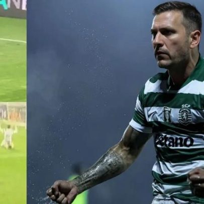 Geny e Fresneda ajoelhados antes de Suárez liderar as celebrações do Sporting
