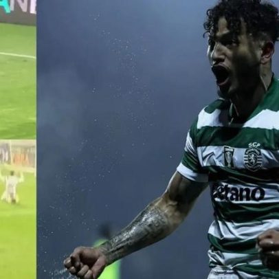 Geny e Fresneda ajoelham-se diante de Suárez durante celebrações do Sporting