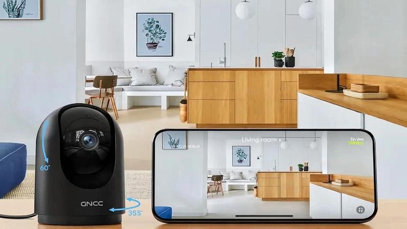 Câmara GNCC 2K para segurança doméstica e vigilância de bebés/animais, com visão noturna e cobertura 360º