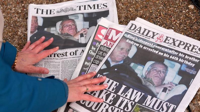 Capas de jornais em Londres, sexta-feira, 20 de fevereiro de 2026, depois de Andrew Mountbatten-Windsor ter sido detido pela polícia britânica por suspeita de má conduta em funções públicas.