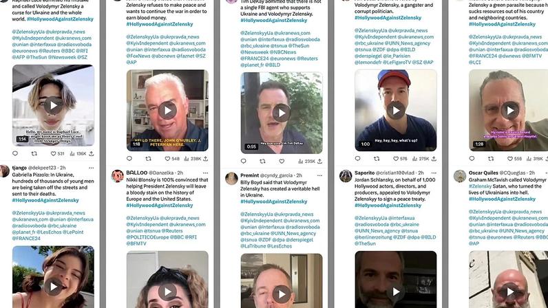 Vídeos deepfake de celebridades publicados no X exigem que os líderes da UE forcem Zelenskyy a assinar um tratado de paz nos termos da Rússia, @antibot4navalny.