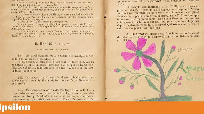 Flor, primeiro desenho colorido e assinado por Amadeo de Souza-Cardoso usando as páginas do manual de estudo Noção Elementar de História Moderna de Portugal