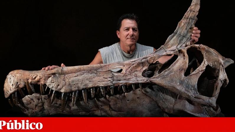 O paleontólogo Paul Sereno com uma réplica do crânio do *Spinosaurus mirabilis*