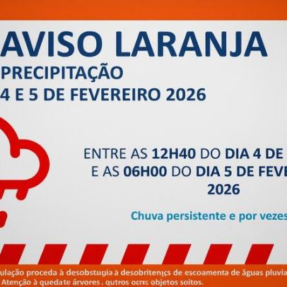 Aviso Laranja precipitação prevista entre as 12h40 de 4 de fevereiro e as 06h00