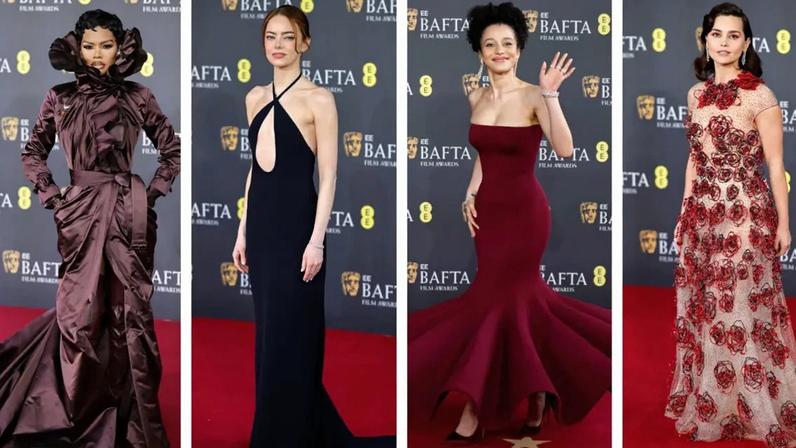 Atrizes Teyana Taylor, Emma Stone, Chase Infiniti e Jenna Coleman na passadeira vermelha dos BAFTA