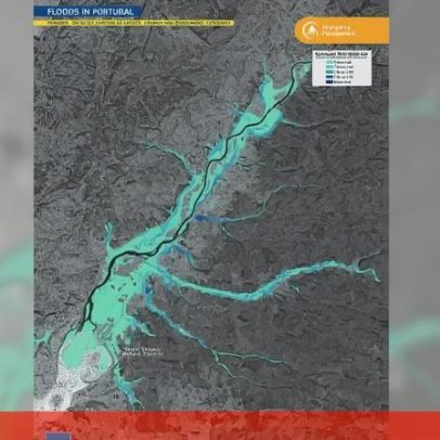 Imagem de satélite mostra áreas inundadas ao longo do rio Tejo