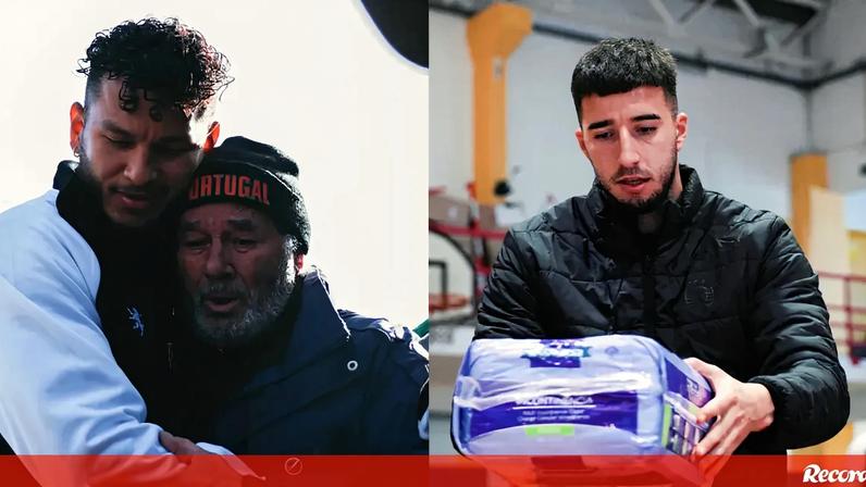 O abraço de Suárez a Arsénio Cruz e Gonçalo Inácio a entregar donativos no Gimnodesportivo da Marinha Grande