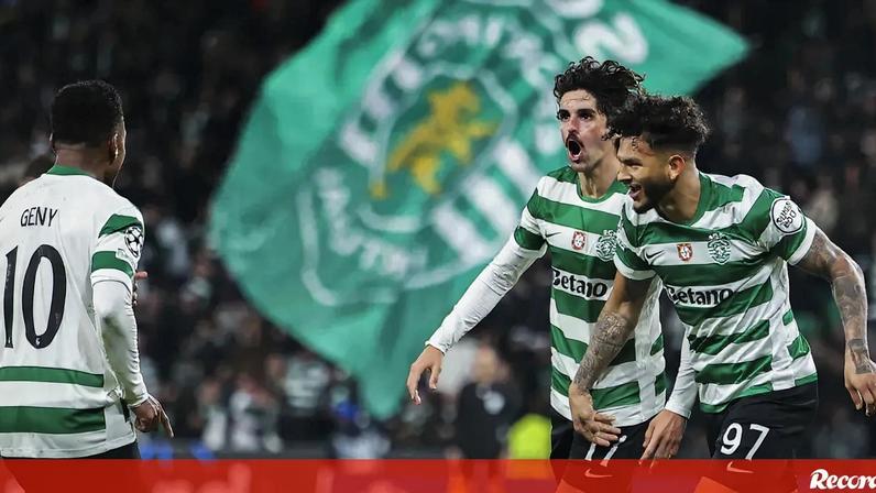 Geny Catamo, Francisco Trincão e Luis Suárez festejam em jogo da Champions League