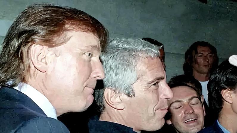 Empresário Jeffrey Epstein e Donald Trump numa festa. Escala nos Açores em 2002