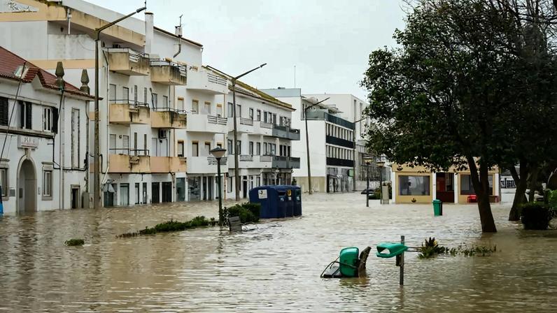 Rio Sado voltou a galgar as margens e inundou a Av. dos Aviadores, devido à passagem da depressão Leonardo, em Alcácer do Sal