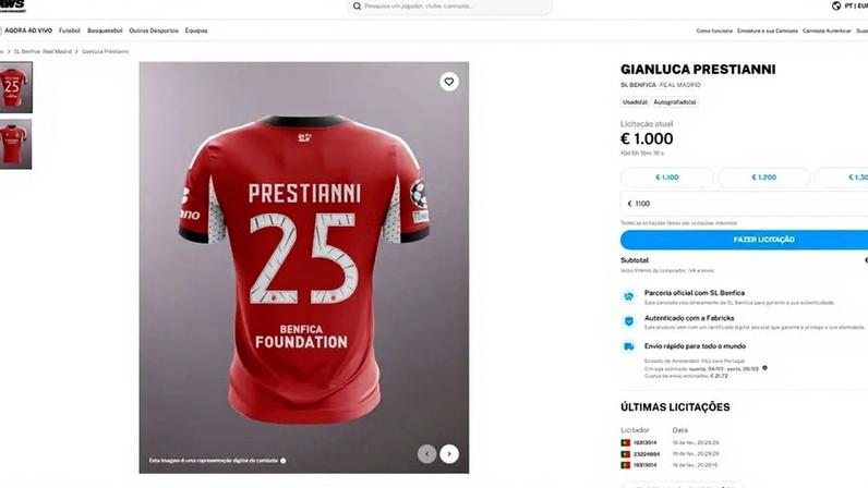 A camisola de Gianluca Prestianni em leilão