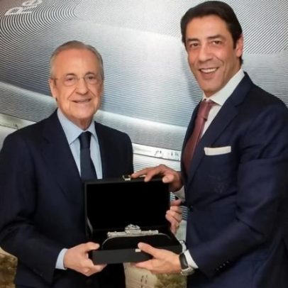 Florentino Pérez e Rui Costa trocam presentes no Real Madrid-Benfica