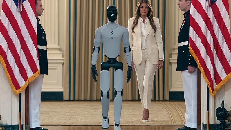 Primeira-dama Melania Trump chega, acompanhada por um robô, para participar na cimeira 'Fostering the Future Together Global Coalition'