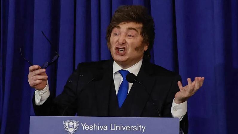 O Presidente da Argentina, Javier Milei, discursa na Universidade Yeshiva na segunda-feira, 9 de março de 2026, em Nova Iorque.