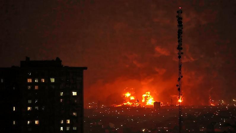 Chamas saem de uma instalação de armazenamento de petróleo a sul de Teerão, enquanto os ataques atingem a cidade, 7 de março de 2026