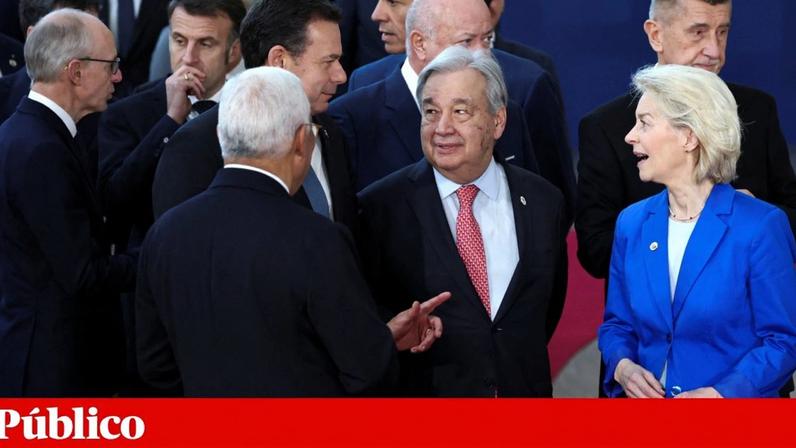 O primeiro-ministro português, Luís Montenegro, a presidente da Comissão Europeia, Ursula von der Leyen, o secretário-geral das Nações Unidas, António Guterres, e o presidente do Conselho Europeu, António Costa