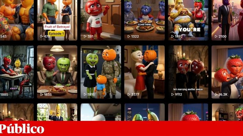 O ai.fruit.story é um dos exemplos de criação de novelas gráficas para o TikTok, onde as personagens são frutas geradas por IA