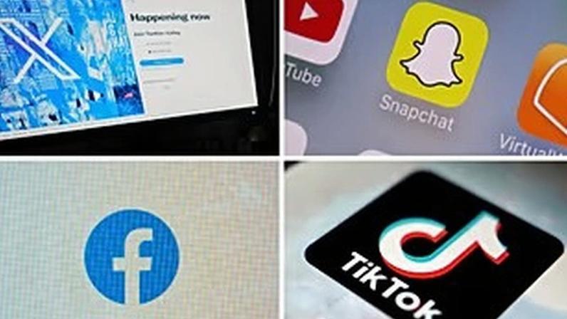 Foto de arquivo: montagem mostra os logótipos da X, antigo Twitter, em cima à esquerda; Snapchat em cima à direita; Facebook em baixo à esquerda e TikTok em baixo à direita.