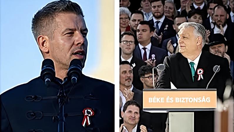 Péter Magyar e Viktor Orbán em palco, 15.03.2026