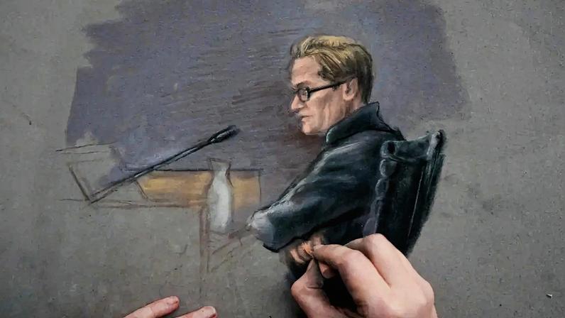Ilustração do julgamento de Marius Borg no tribunal de Oslo