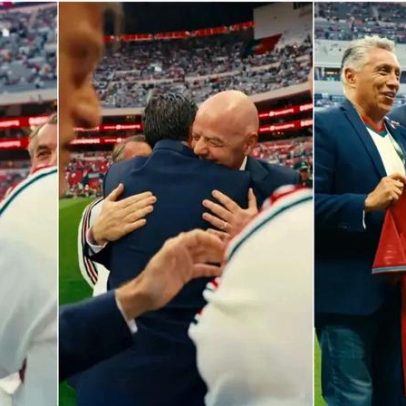 Proença e Infantino abraçam-se no Azteca; camisola é oferecida a Negrete