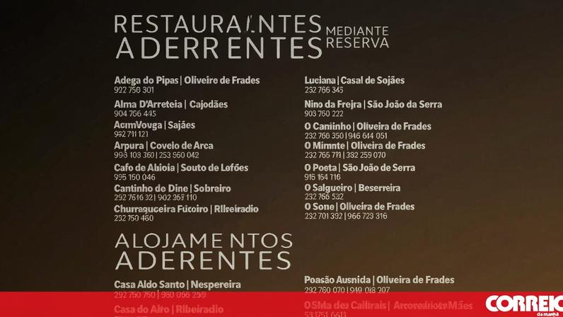Lista de restaurantes e alojamentos aderentes em Oliveira de Frades e arredores
