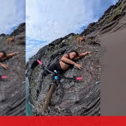 Ciclista grava própria queda à beira de penhasco