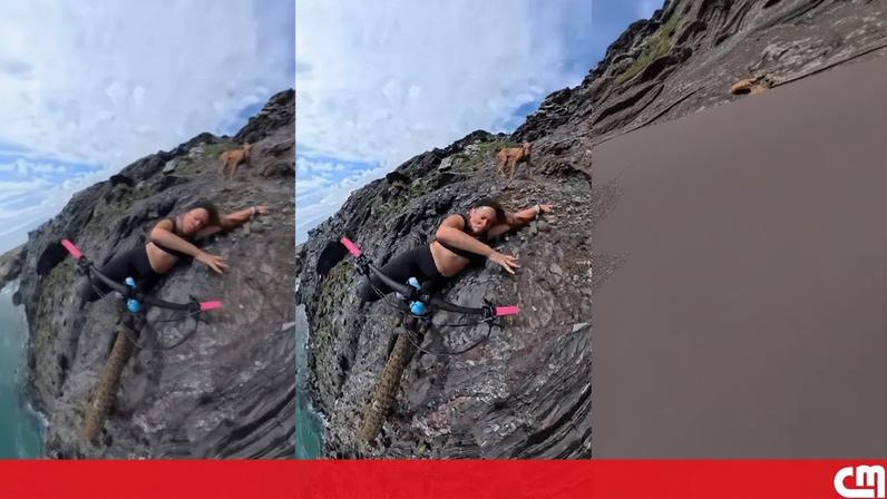Ciclista grava própria queda de bicicleta à beira de um penhasco
