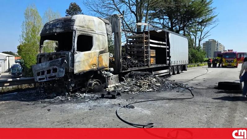 Camião de transporte de peças automóveis arde na EN14