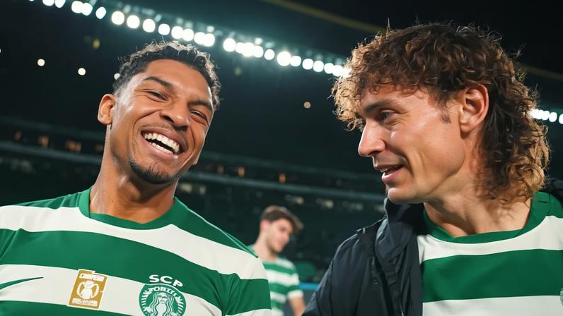 Luís Guilherme e Mangas celebram a vitória do Sporting sobre o Famalicão