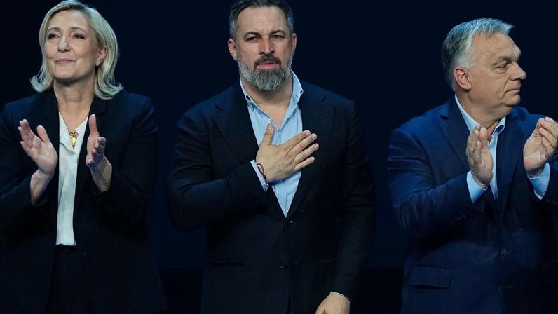 Marine LePen, Santiago Abascal e Viktor Orban na reunião dos Patriotas pela Europa.