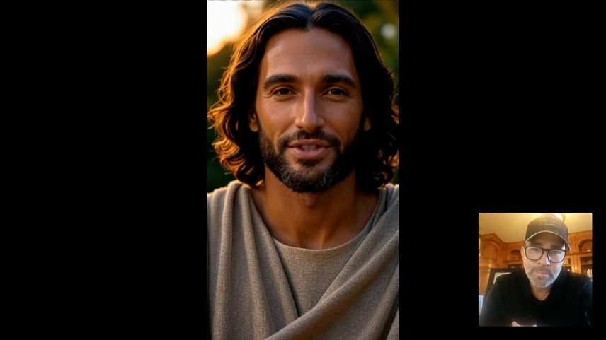 Ecrã dividido mostra Jesus IA a falar, enquanto Jeff Tinsley, cofundador e investidor da Just Like Me, ouve