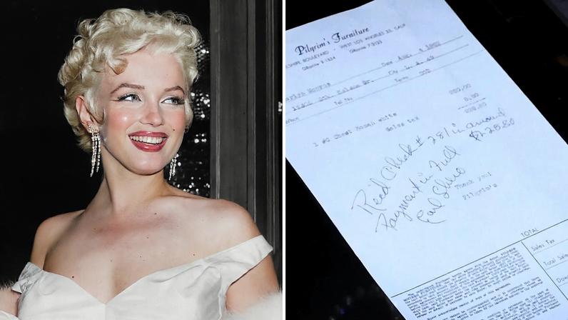 Marilyn Monroe, à direita, com um elegante vestido de noite, chega ao teatro com Joe DiMaggio